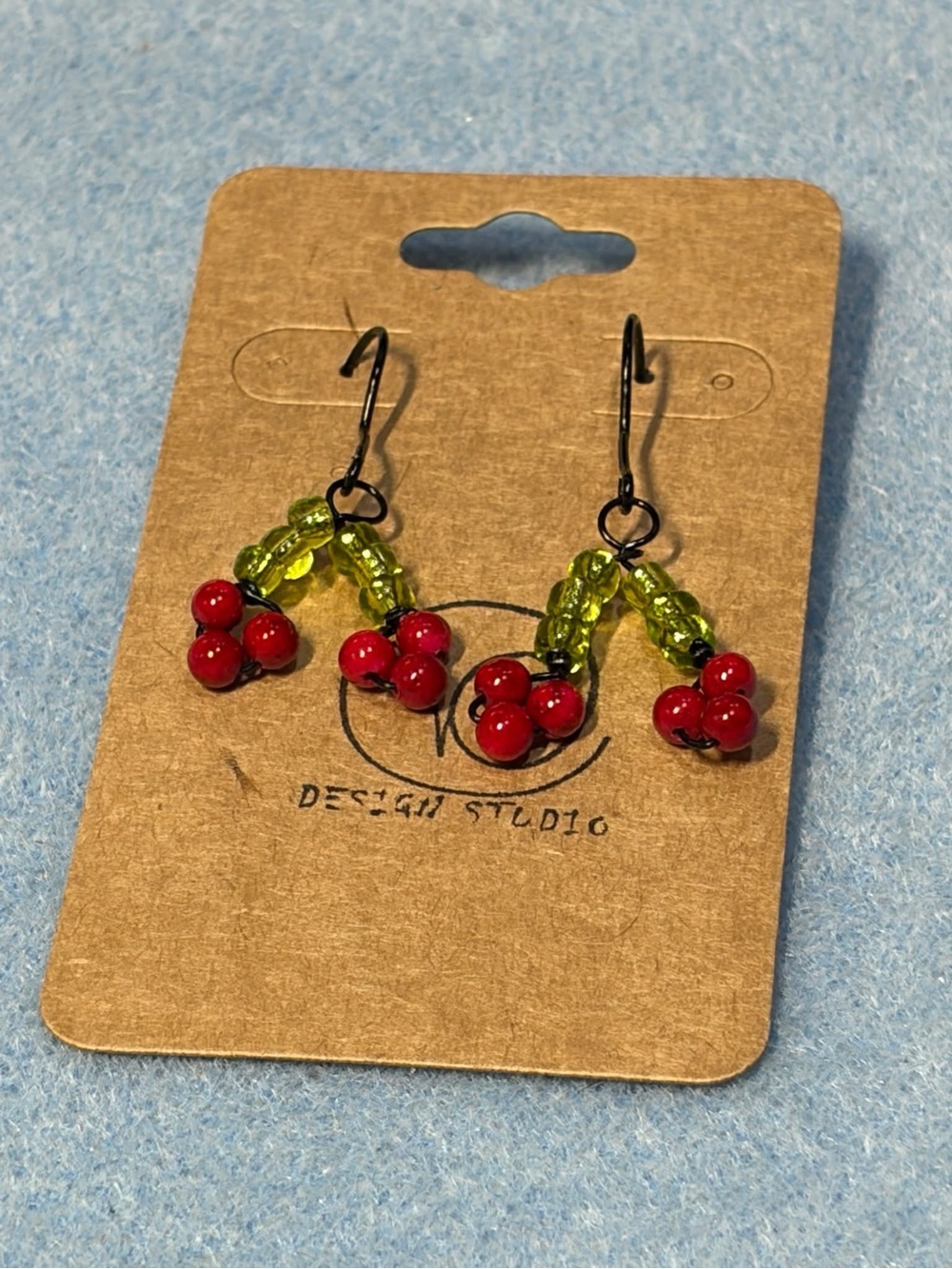 Beaded Cherry Drop Earrings - Red & Green